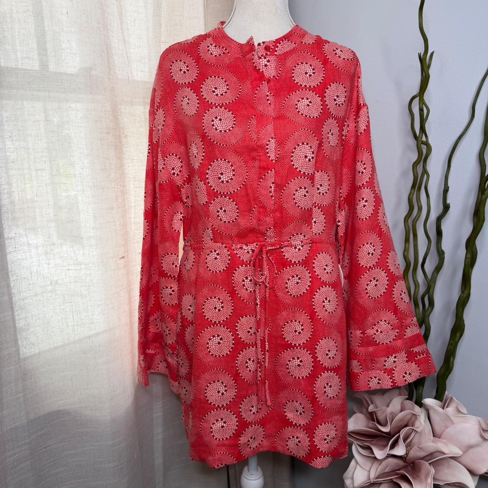 Nwt Staud Karlee Dress Hibiscus Whirlpool Mini Red Linen Bell Sleeves Large